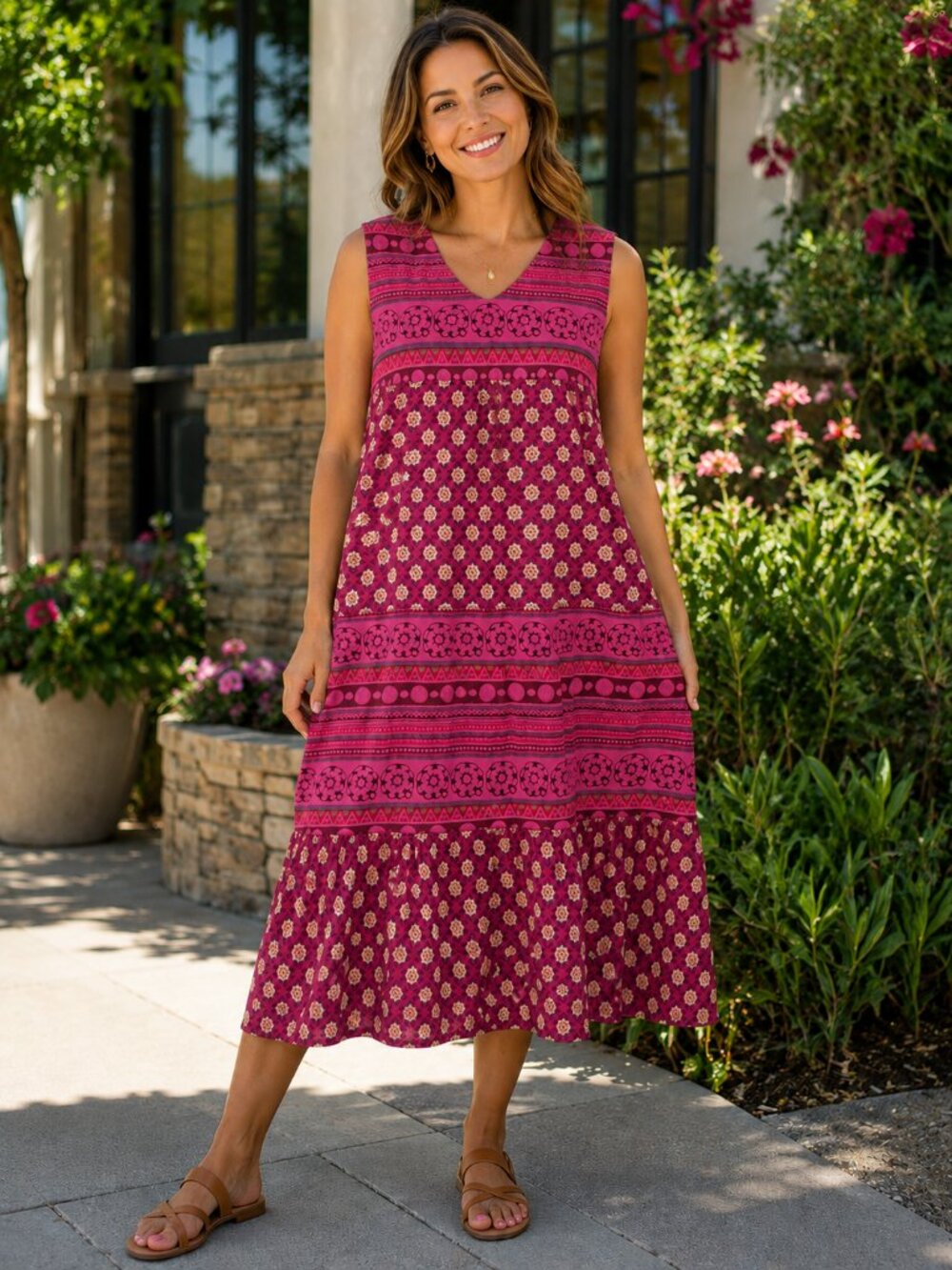 VERMONT COUNTRY STORE Slveless V-Neck Cotton Raspberry Design Blocked Dress L